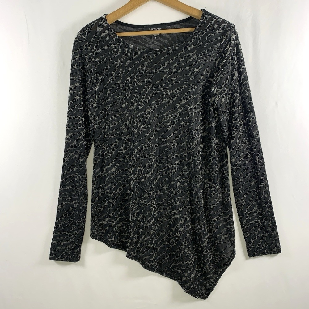 Women Animal Print Velvet Burnout Asymmetrical Top Small Black Artsy Boho Layer